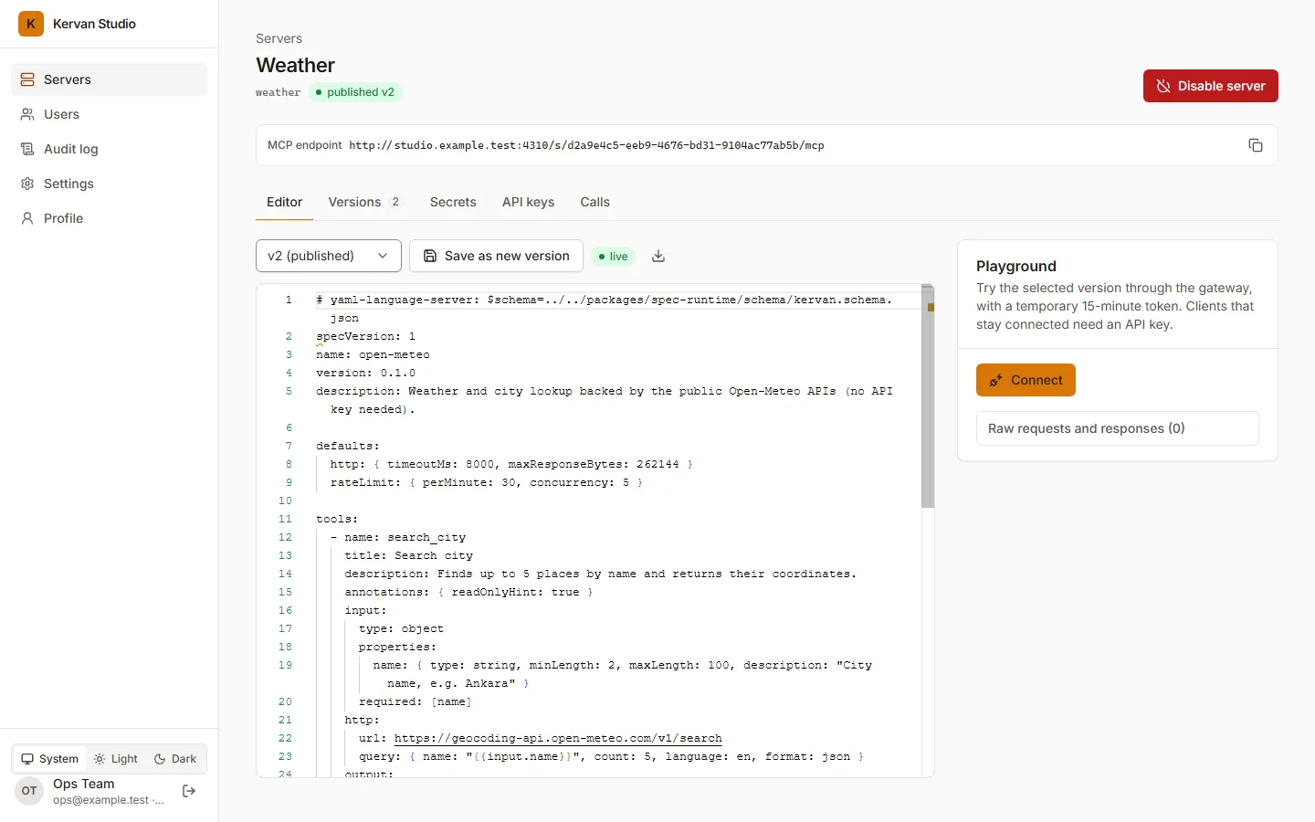 The weather server's editor with its kervan.yaml, published as version 2, and the playground beside it.
