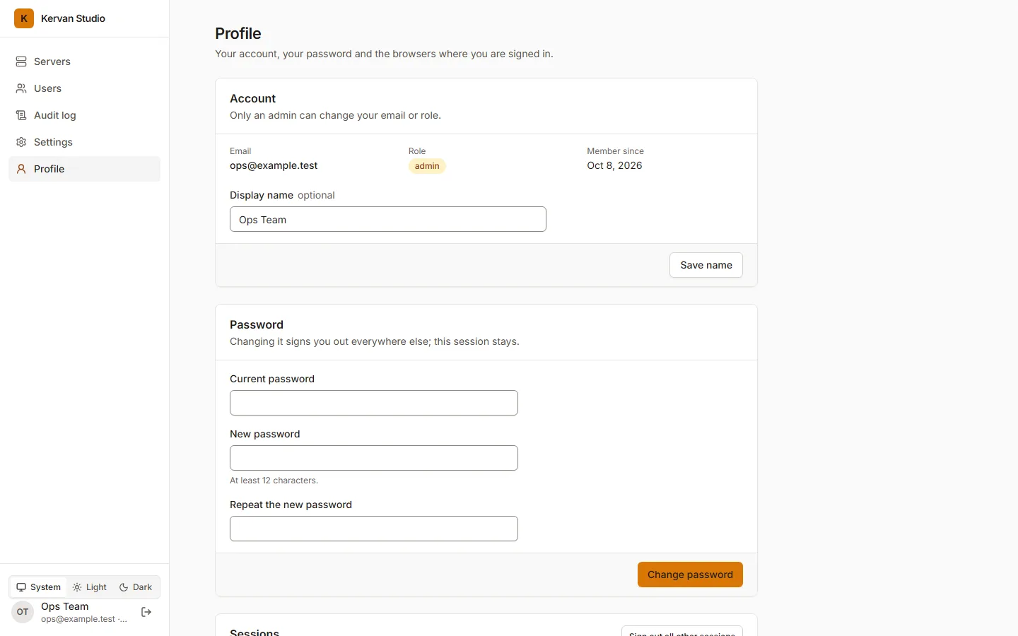 The profile page: the display name, the password form and the list of active sessions with their device and address.