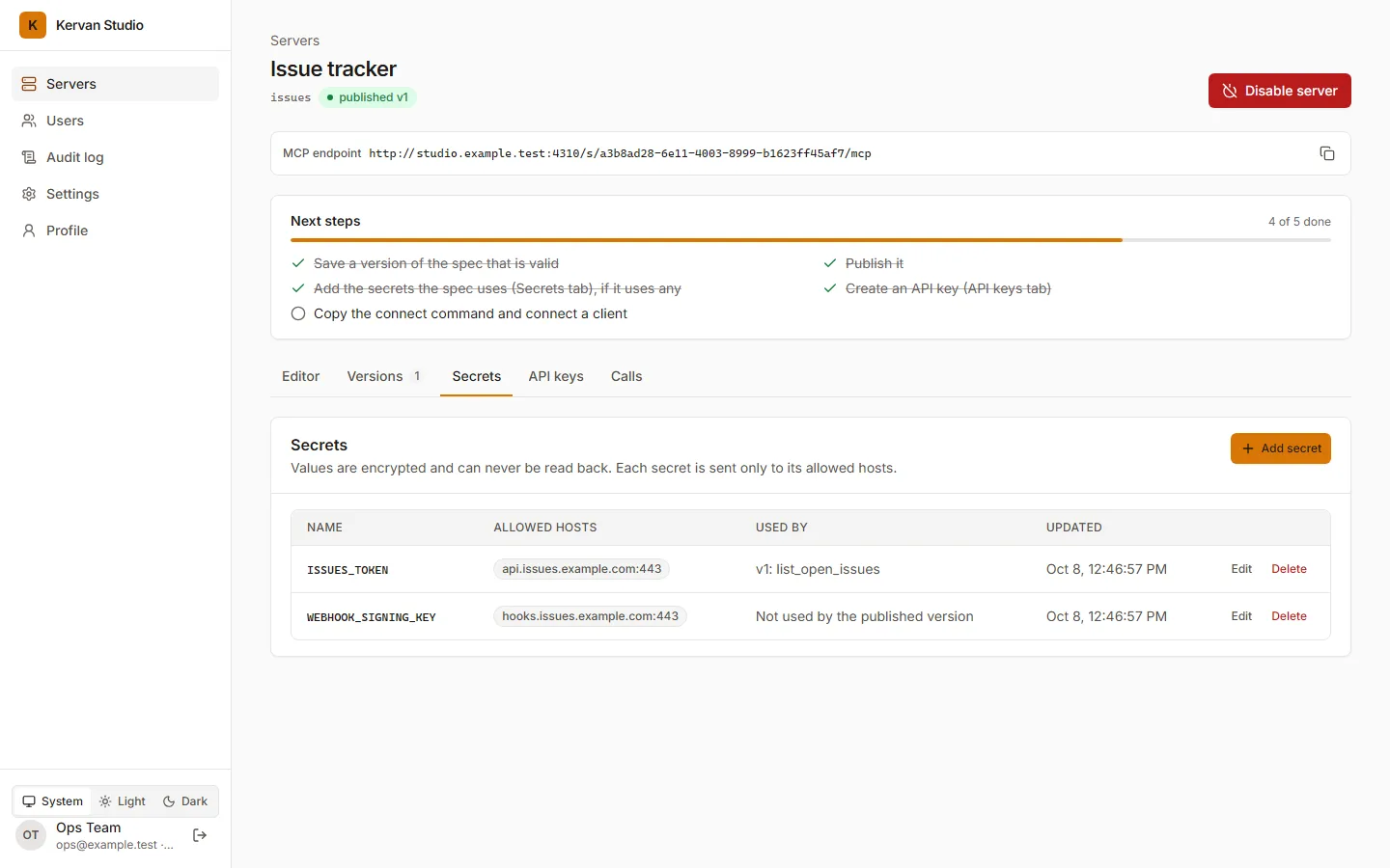 The secrets tab of a server: two secrets with the hosts they may be sent to; values are never shown.