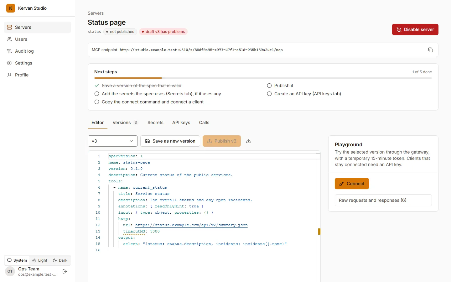 A draft with a misspelled field, timeoutMS, underlined in the editor; the Publish button is disabled.