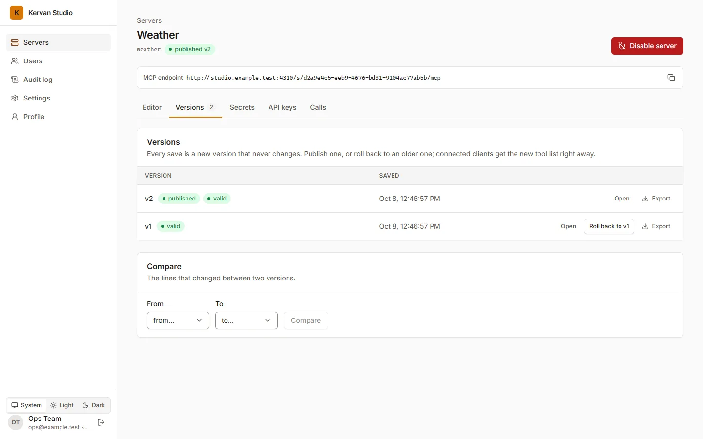 The versions tab: saved versions with their validation state, the published one marked.